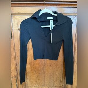 Aritzia Babaton Black Ribbed Collared Sculpt Knit Cropped Top NWT XS